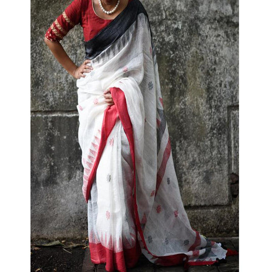 Opulent White And Red Colored Festive Wear Pure Linen Designer Saree - Ibis Fab