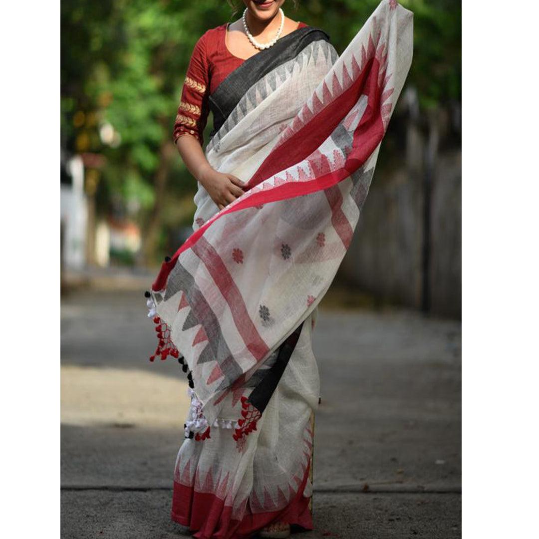 Opulent White And Red Colored Festive Wear Pure Linen Designer Saree - Ibis Fab