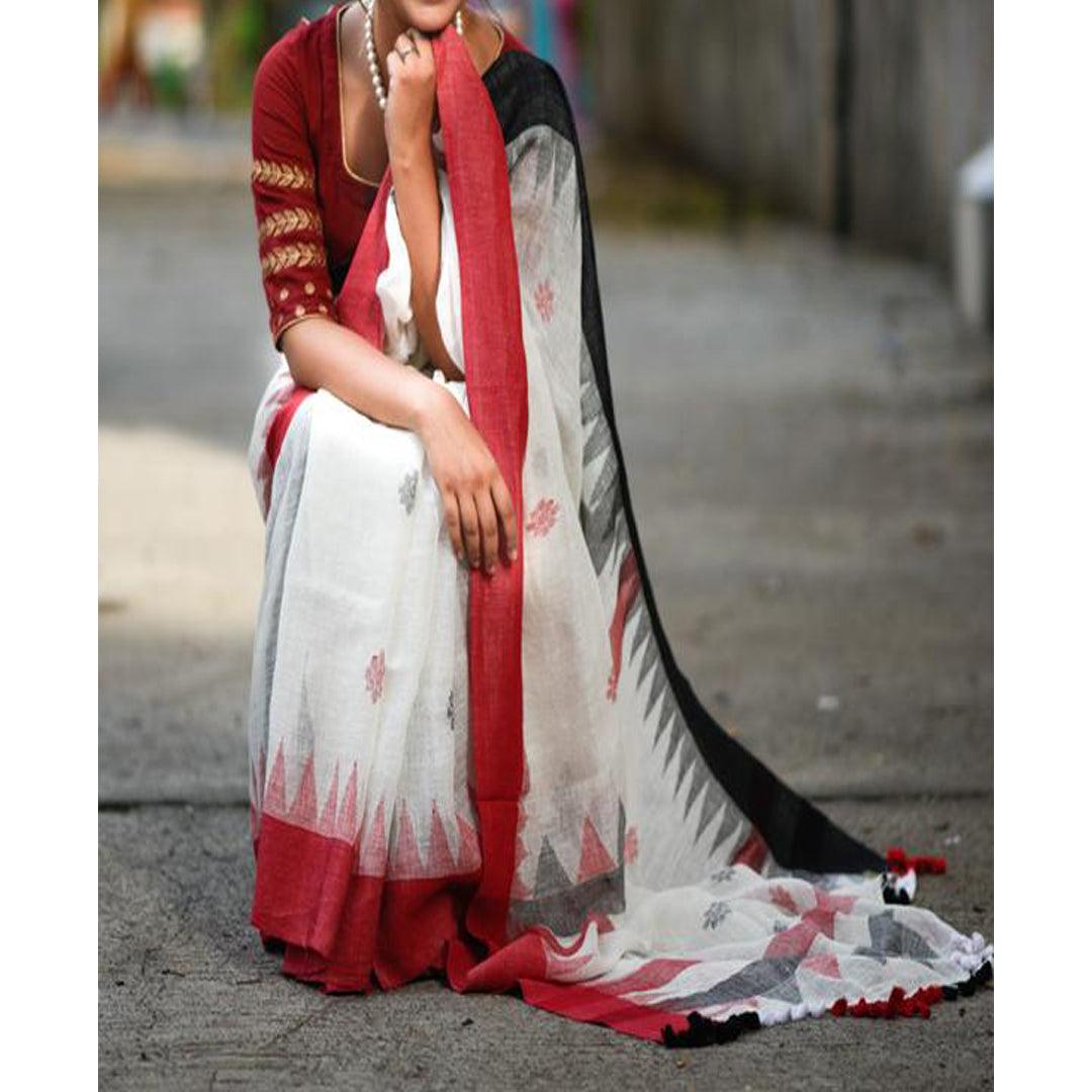 Opulent White And Red Colored Festive Wear Pure Linen Designer Saree - Ibis Fab