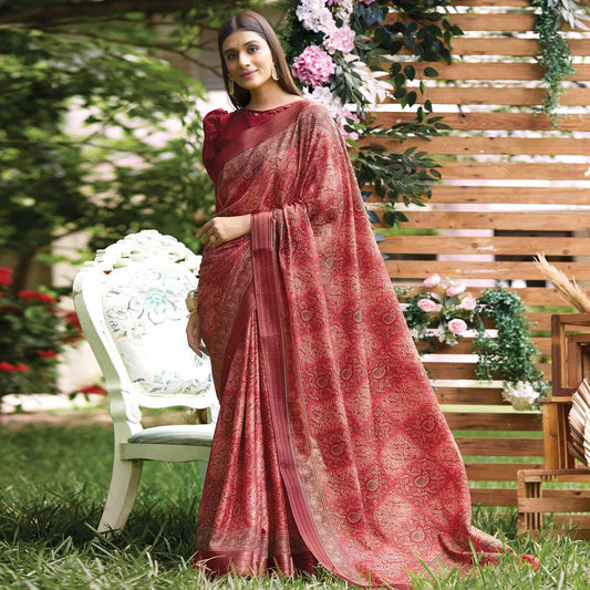 Original Soft Silk Red Color Saree With Blouse - Ibis Fab