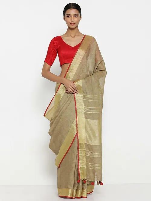 Linen cotton saree in Tan , dazzling designer wear - Ibis Fab