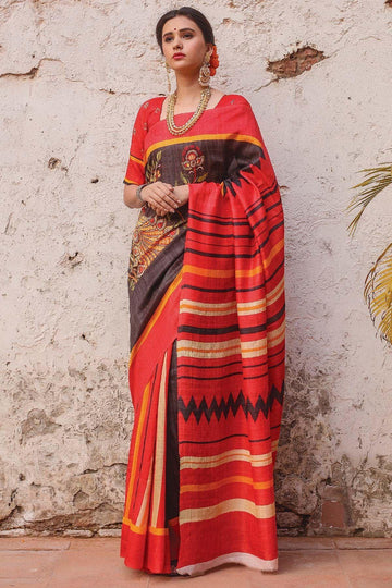 Outstanding Red colored Linen Designer Printed Saree