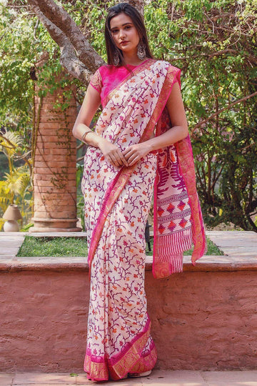 Outstanding White And Pink colored Linen Designer Saree