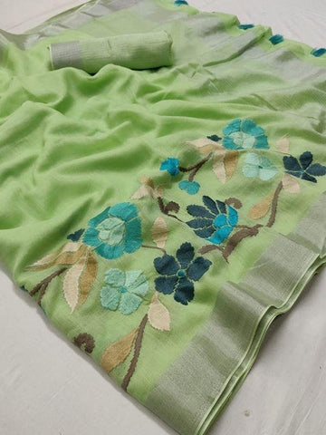 Parrot Mint colour pure linen saree, festive wear