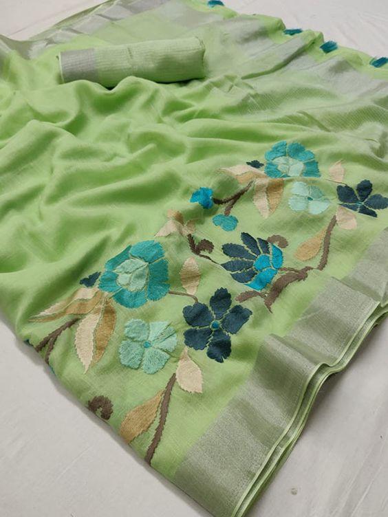 Parrot Mint colour pure linen saree, festive wear - Ibis Fab