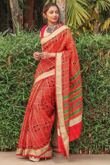Party Red colored Linen Designer Printed Saree