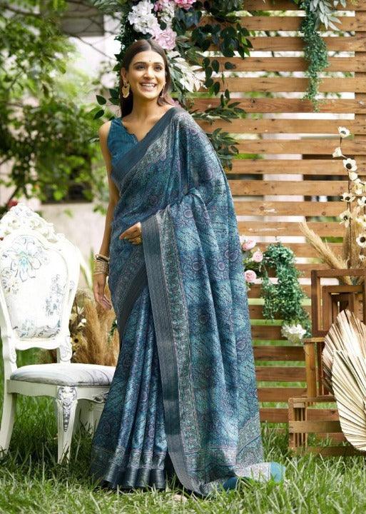 Pastel Blue Designer Linen Saree - Ibis Fab