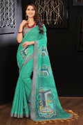 Peacock Light Blue Designer Printed Linen Saree