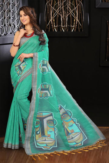 Peacock Light Blue Designer Printed Linen Saree