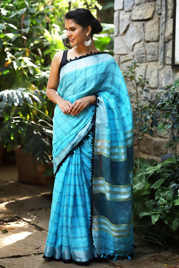Phenomenal Sky Blue colored Partywear Linen Designer Printed Saree