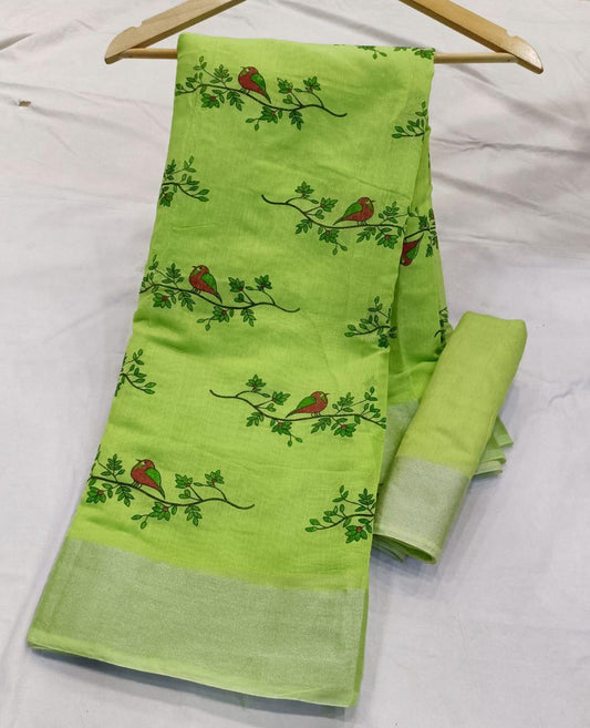 Linen Cotton Print Saree with Blouse Piece - Ibis Fab