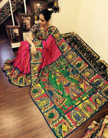 Pink colored Kalamkari Linen Designer Printed Saree