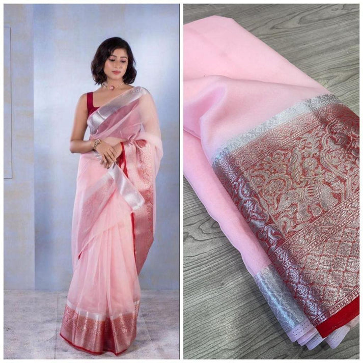 Women's Organza Pink Embellished Designer Saree With Blouse Piece