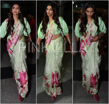 Pista colored Flowered Partywear Linen Printed Saree