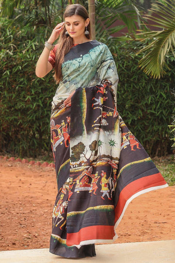 Pleasance Black And Mint colored Linen Designer Printed Saree