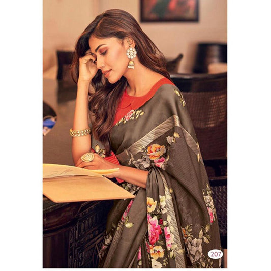 Pleasant brown Colour Printed Pure Linen Saree For Women - Ibis Fab