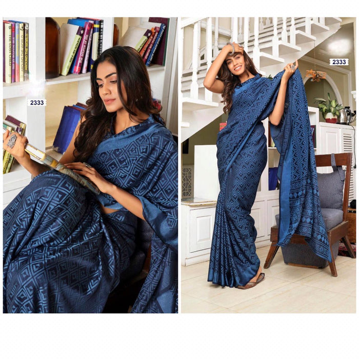 Pleasant Navy Blue Colour Printed  Pure Linen Saree For Women