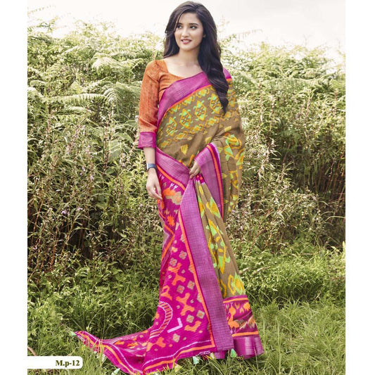 Pleasant Pink And Green Colored Party Wear Pure linen Printed Saree - Ibis Fab