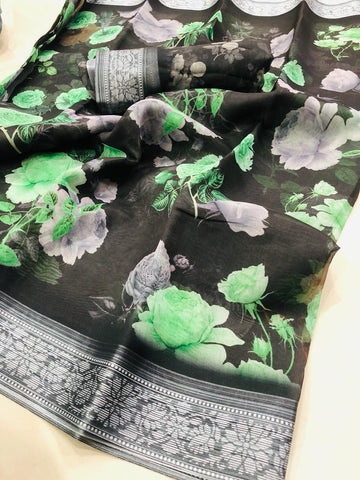 Pleasant Pure Linen Black Colored Casual Printed Saree