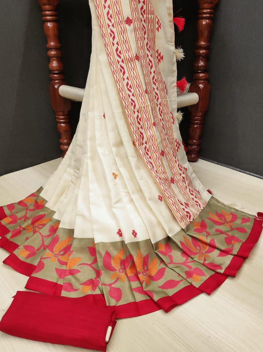 Pleasant Pure Linen Off White Colored Casual Printed Saree - Ibis Fab