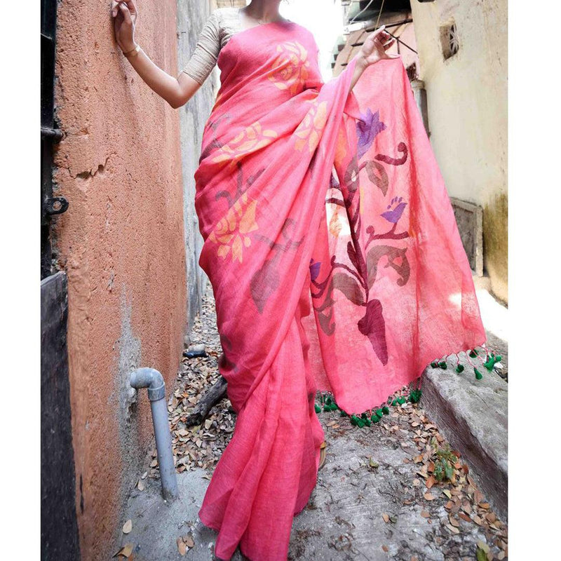 Precious Light Pink Colored Festive Wear Pure Linen Designer Saree - Ibis Fab