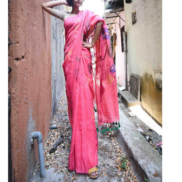 Precious Light  Pink Colored Festive Wear Pure Linen Designer Saree
