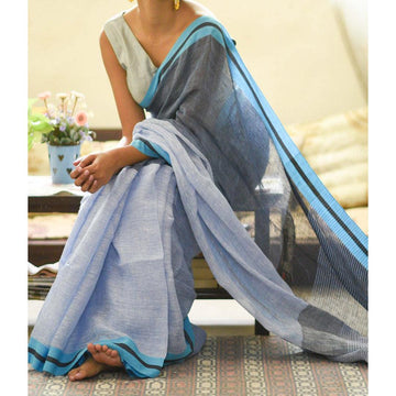 Preferable Light Blue And Grey Colored Festive Wear Pure Linen Designer Saree