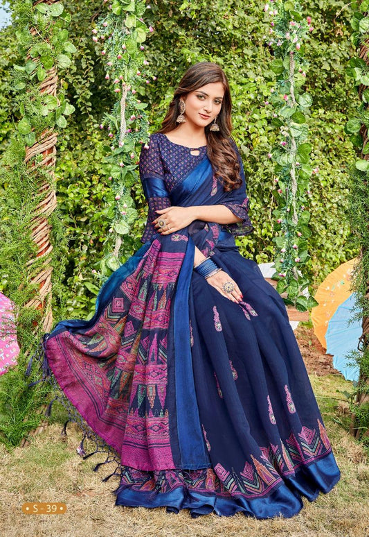 Preferable Pure Linen Dark Blue Colored Casual Printed Saree - Ibis Fab