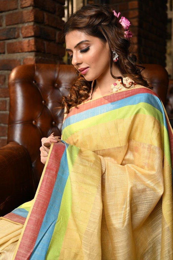 Preferable Women's Yellow Colour Pure Linen Saree With Blouse Piece - Ibis Fab