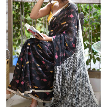 Pretty Black Colored Festive Wear Pure Linen Designer Saree