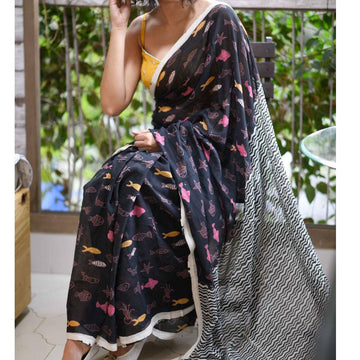 Pretty Black Colored Festive Wear Pure Linen Designer Saree