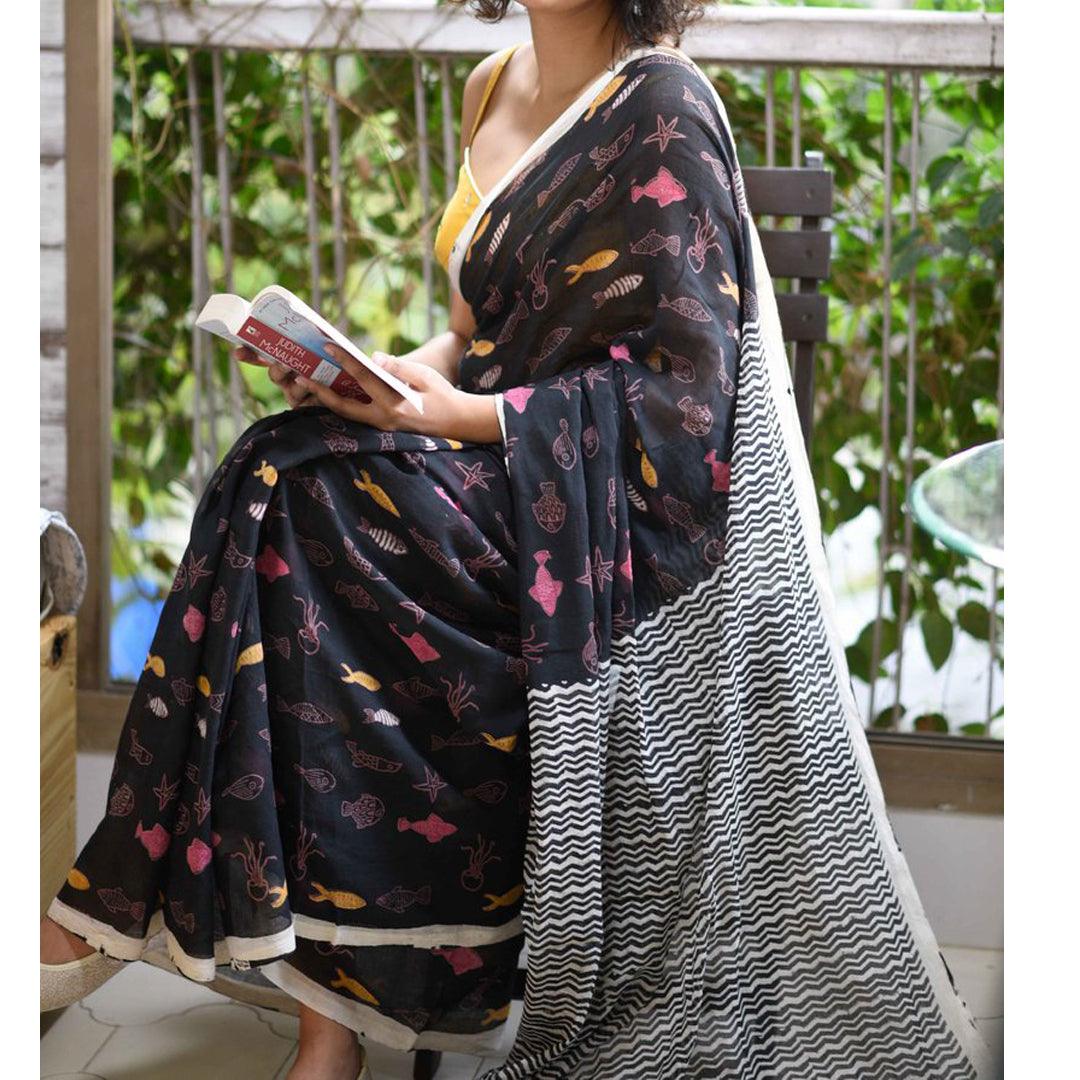 Pretty Black Colored Festive Wear Pure Linen Designer Saree - Ibis Fab