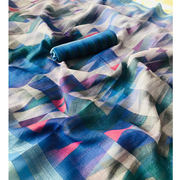 Pretty Blue Colored Festive Wear Pure Linen Saree