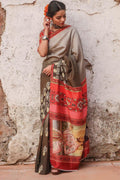 Pretty Grey And Brown colored Linen Designer Printed Saree
