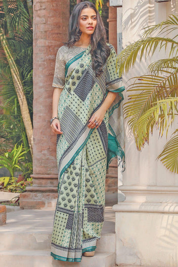 Pretty Multi colored Linen Designer Printed Saree