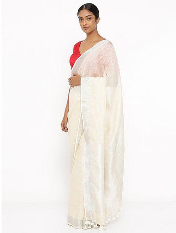 Pretty  Off White Colored  Festive Wear Printed  Pure Linen Saree