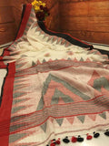 Pretty Off White Colored  Festive Wear Printed  Pure Linen Saree