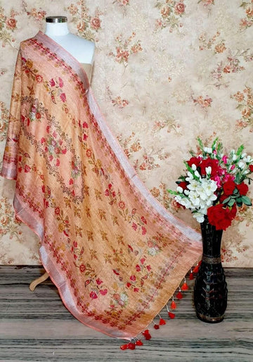 Pretty Peach Floral Design Digital Linen Dupatta