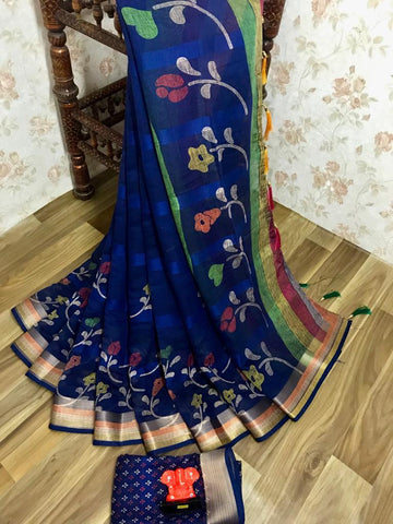 Pretty Pure Linen Night Blue Colored Casual Printed Saree