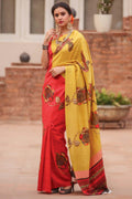 Pretty Red And Yellow colored Linen Designer Printed Saree
