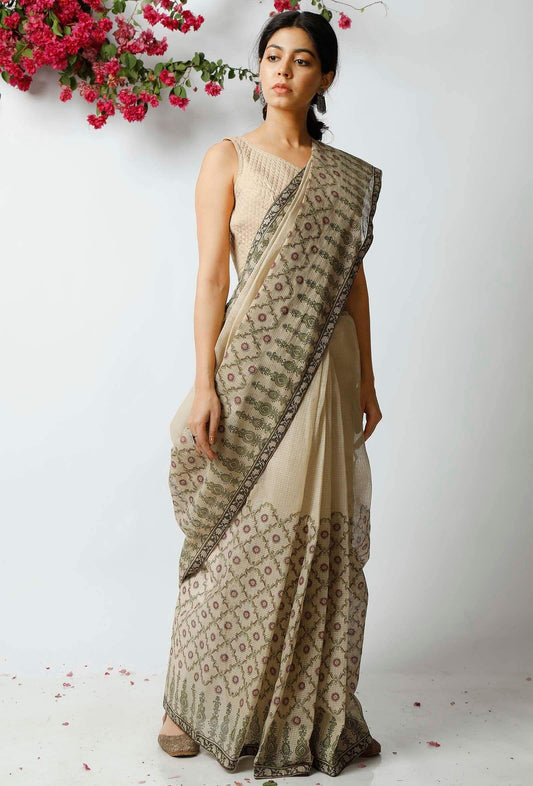 Printed Daily Wear Beige Color, Pure Linen Saree - Ibis Fab
