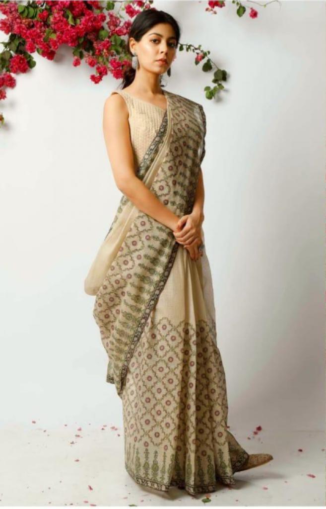 Printed Daily Wear Beige Color, Pure Linen Saree