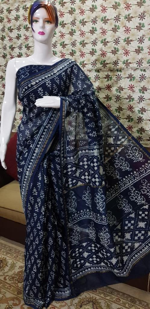 Printed Ikkat, Pure Linen Blue Saree - Ibis Fab