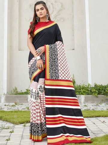 Printed Lining And Checks Soft Silk Saree