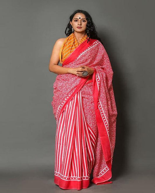 Printed Lining Linen Saree With Blouse - Ibis Fab