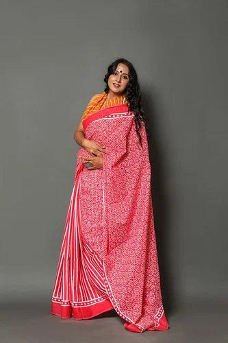 Printed Lining Linen Saree With Blouse - Ibis Fab