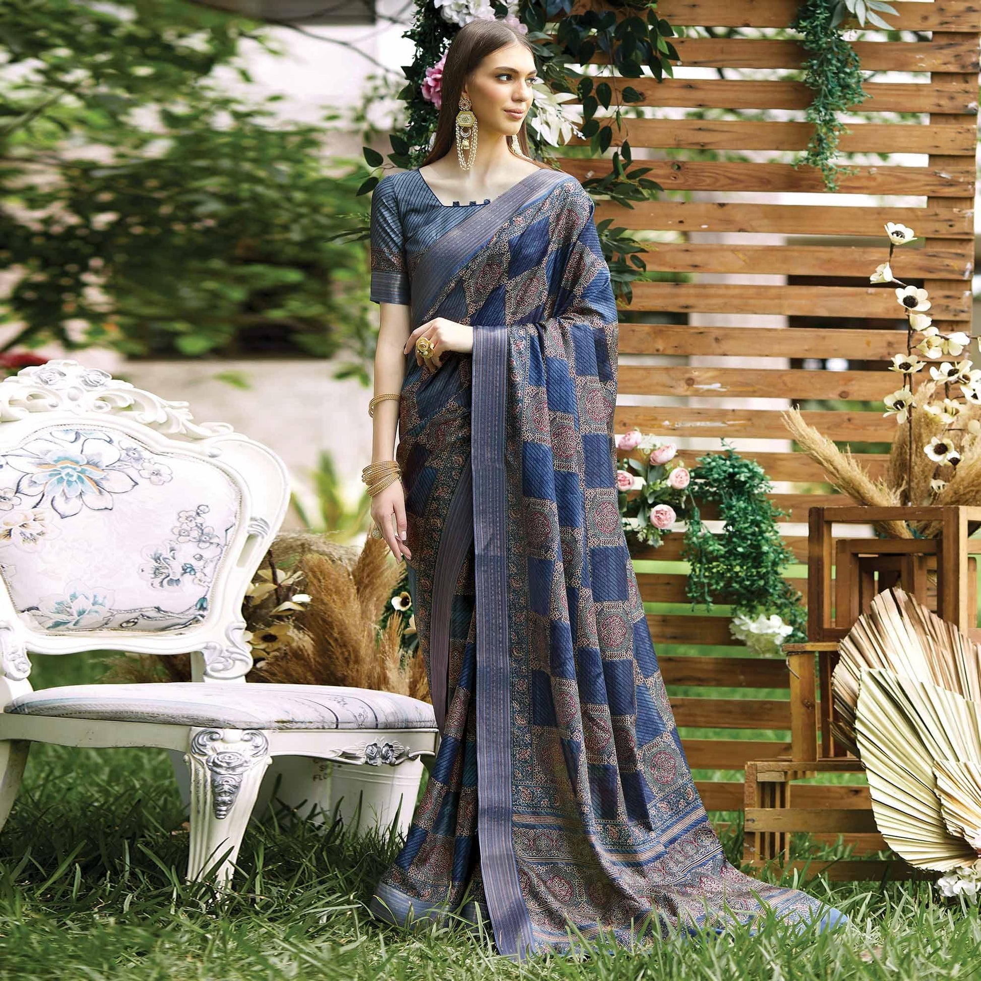 Printed Silk Saree With Unstitched Blouse - Ibis Fab