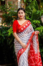 Printed White Color Lining Saree, Pure Linen Saree - Ibis Fab