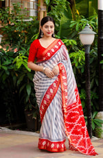 Printed White Color Lining Saree, Pure Linen Saree - Ibis Fab