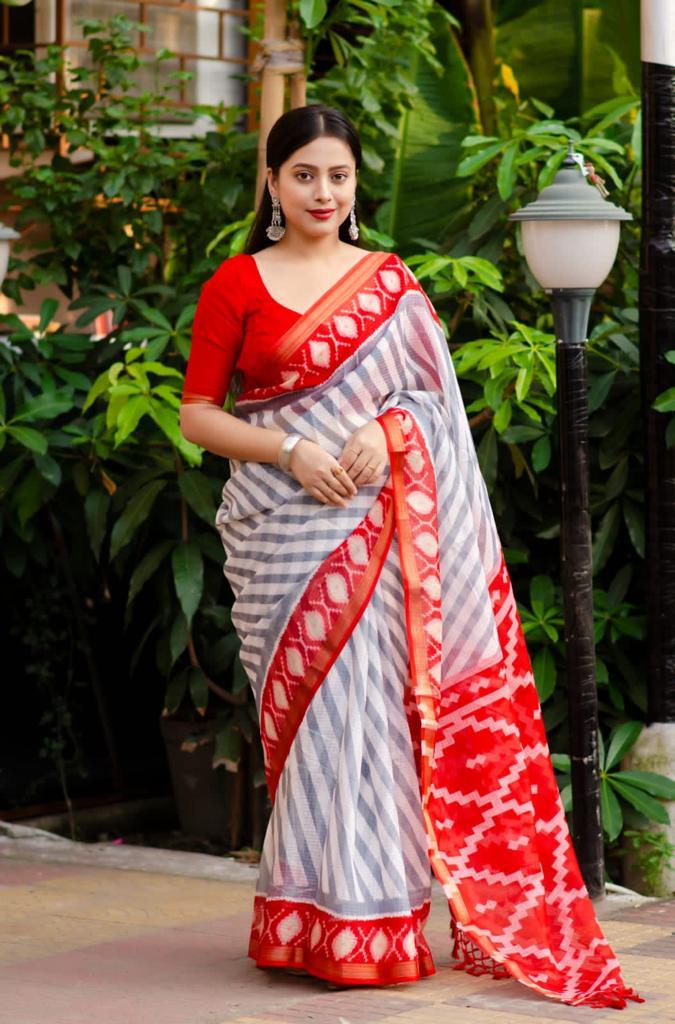 Printed White Color Lining Saree, Pure Linen Saree - Ibis Fab